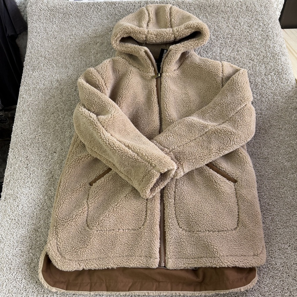 Coldwater Creek Coat Womens XL Beige Faux Fur Fleece Hooded Full Zip Lined